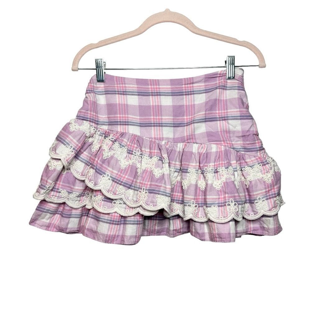 LoveShackFancy Como Pink Purple Plaid Ruffle Mini Skirt Size 4 Girly Cute Fun